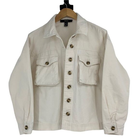 Womens Forever 21 Sz Small Ivory Denim Jacket Light Weight Button 0717 - Picture 5 of 7
